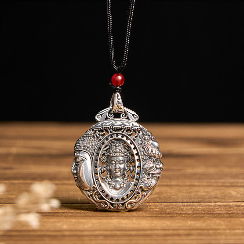 Copper Buddha Devil Pattern Necklace – flat lay on dark stone, zen minimalist styling