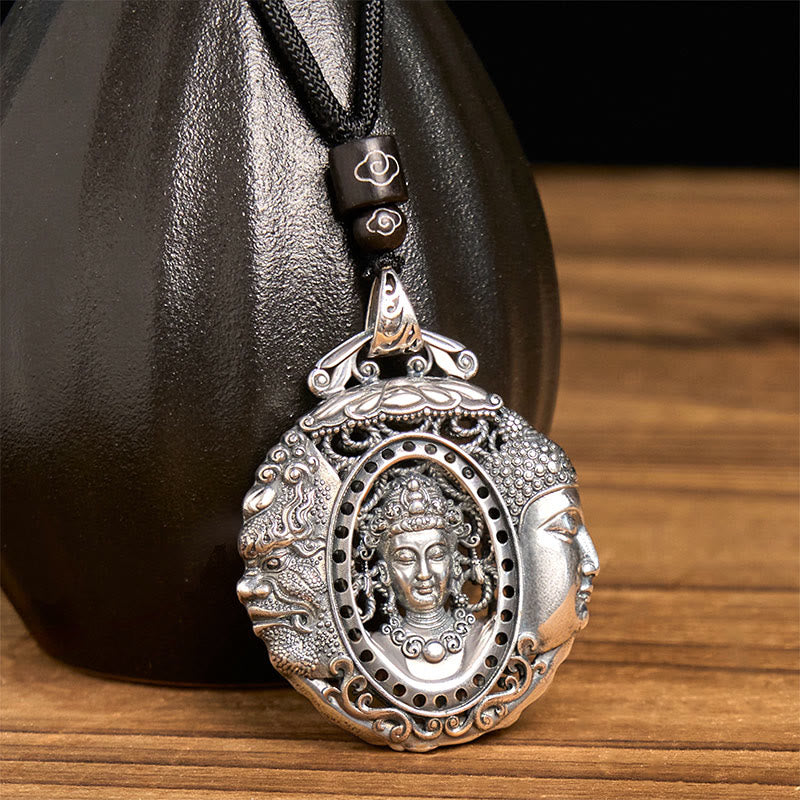 Copper Buddha Devil Pattern Necklace – lifestyle shot on wooden table, mindful accessory