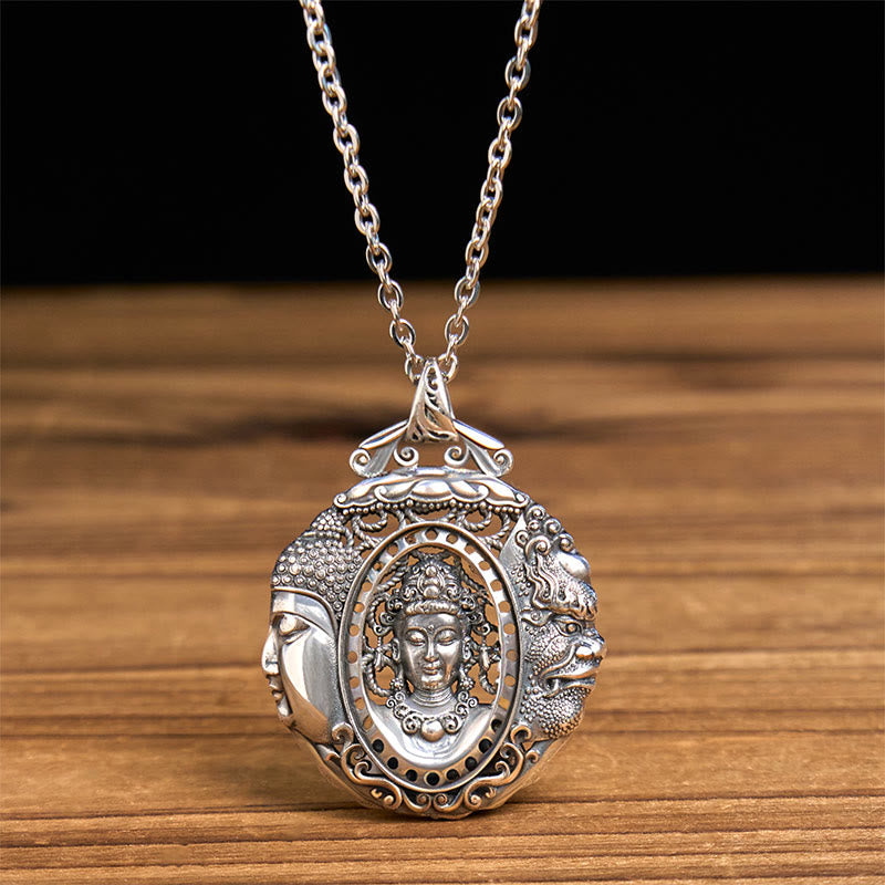 Copper Buddha Devil Pattern Necklace – worn on neck close-up, serenity balance pendant