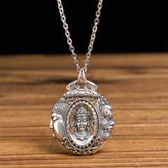 Copper Buddha Devil Pattern Necklace – worn on neck close-up, serenity balance pendant