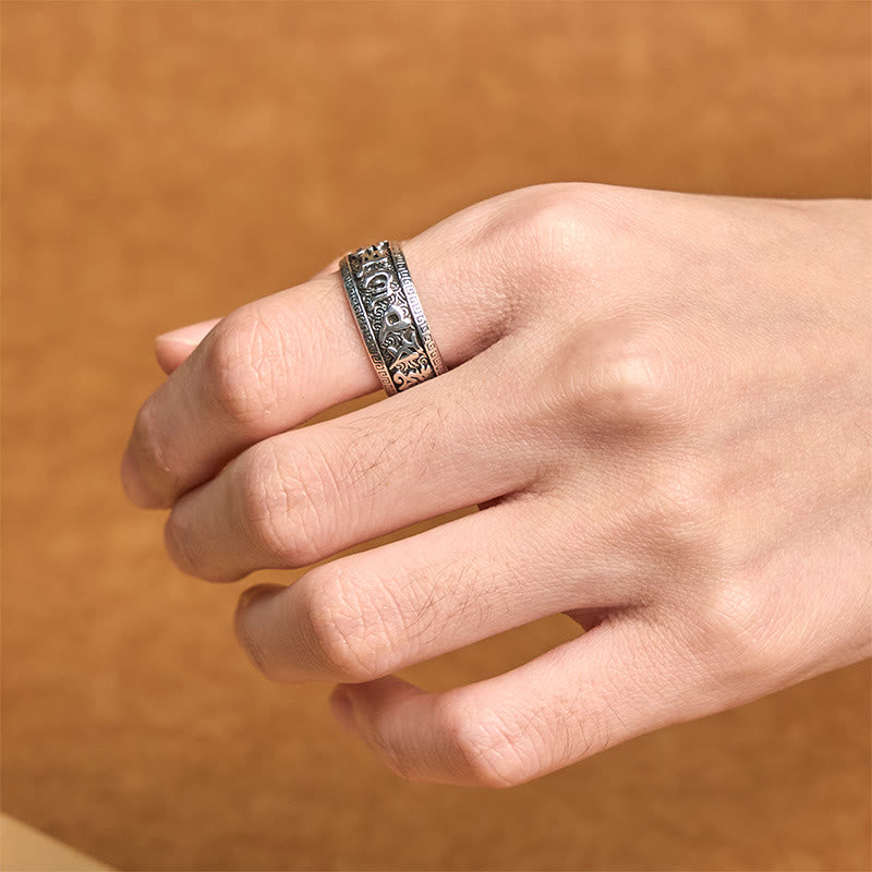 Om Mani Padme Hum Copper Ring – Worn on hand showcasing spinner band and oxidized vintage finish, copper spiritual jewelry