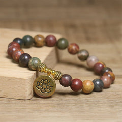 Multicolor jasper beaded bracelet with brass lotus pendant, boho jewelry
