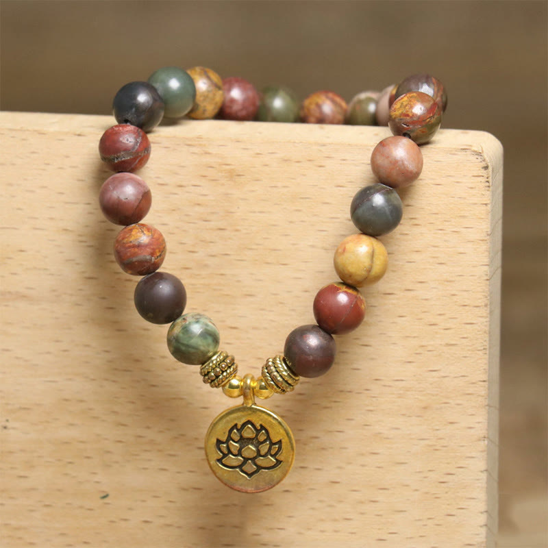 Natural stone lotus bracelet with gold spacer beads, yoga jewelry