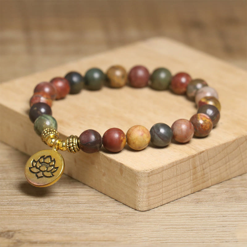 Natural stone lotus charm stretch bracelet, earthy gemstone beads
