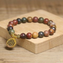 Natural stone lotus charm stretch bracelet, earthy gemstone beads