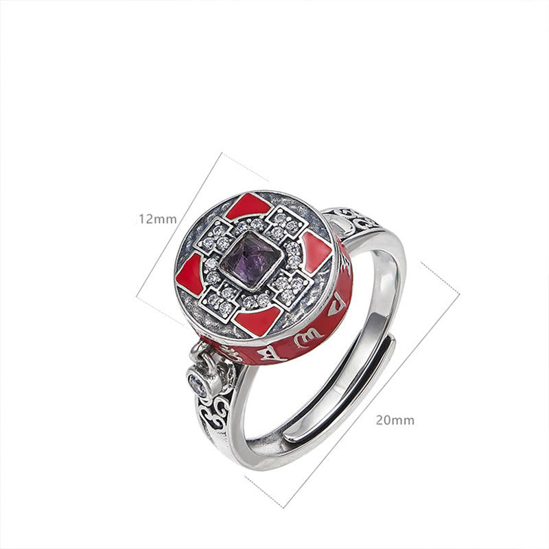 Copper Prayer Wheel Ring - White background shot with 12mm medallion and adjustable split shank, Tibetan meditation ring