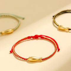 999 Sterling Silver Koi Fish Rope Bracelet – red braided cord with gold koi charm, protection