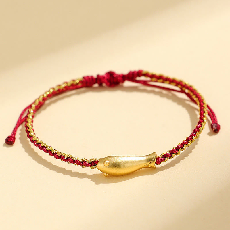 999 Sterling Silver Koi Fish Rope Bracelet – red gold cord with koi charm, three-quarter view
