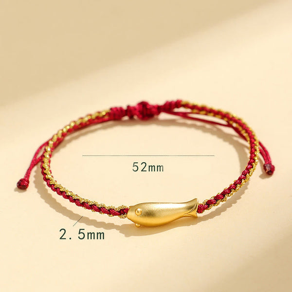 999 Sterling Silver Koi Fish Rope Bracelet – flat lay with size marks, red gold cord, specs
