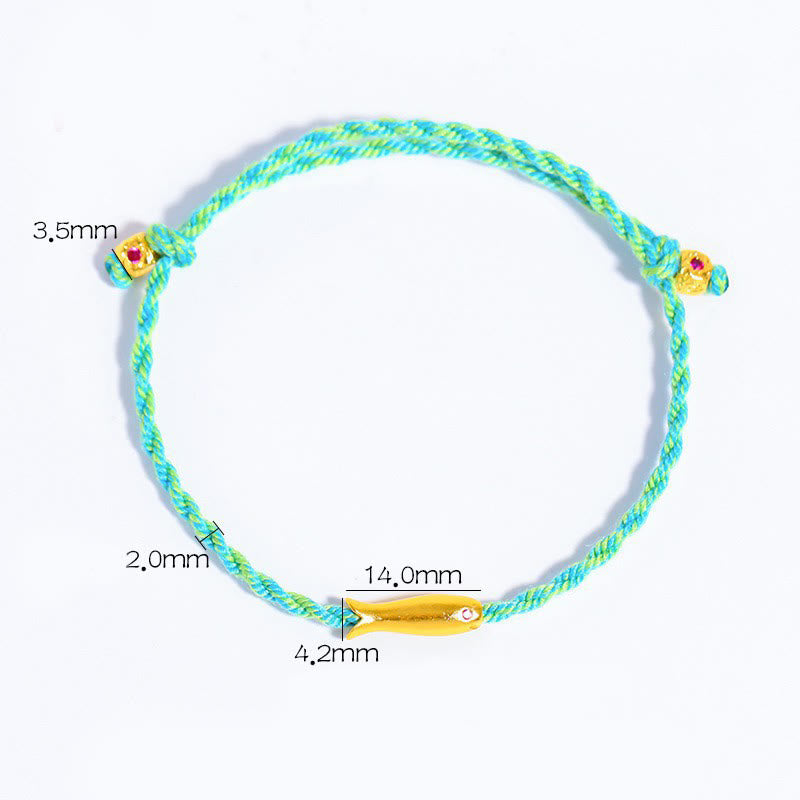 Copper Lucky Koi Fish Rope Bracelet – flat lay with size marks, teal two-tone cord, adjustable