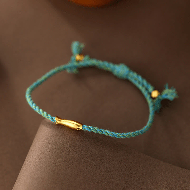 Copper Lucky Koi Fish Rope Bracelet – teal cord showing adjustable sliding knot, healing bracelet