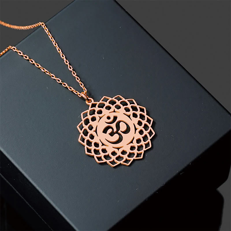 Rose gold Om lotus mandala necklace, openwork spiritual pendant