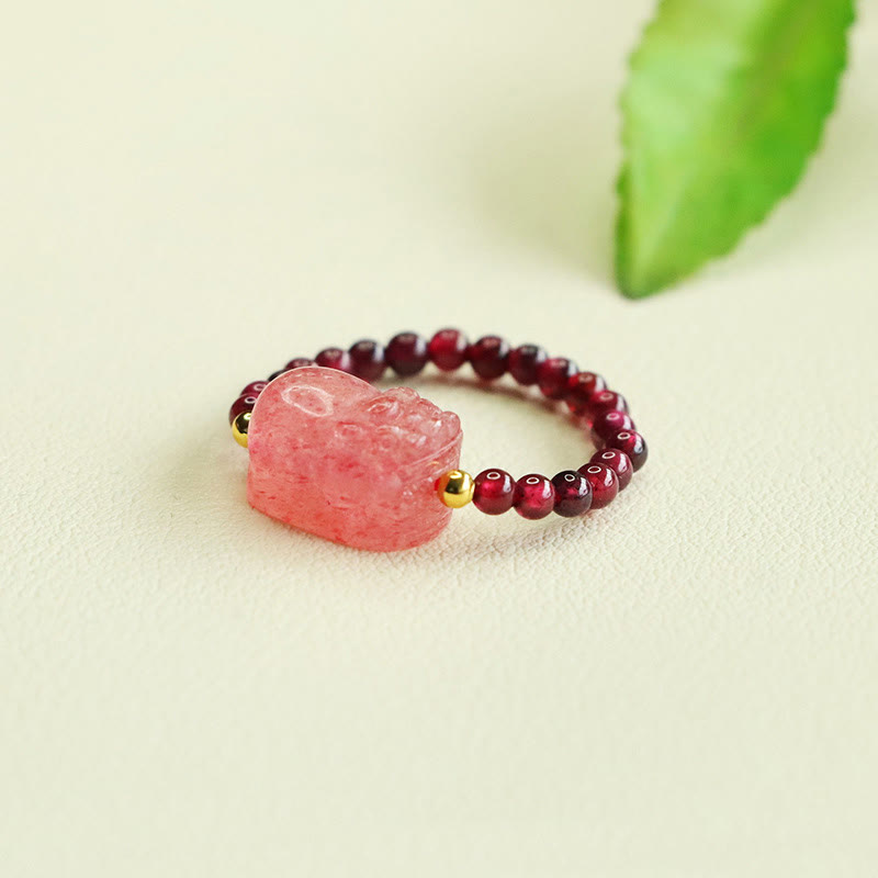Garnet Strawberry Quartz Pixiu Ring – green leaf top right pink pixiu garnet beads, feng shui healing crystal
