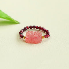 Garnet Strawberry Quartz Pixiu Ring – pink strawberry quartz pixiu garnet beads gold accents green leaf, love healing
