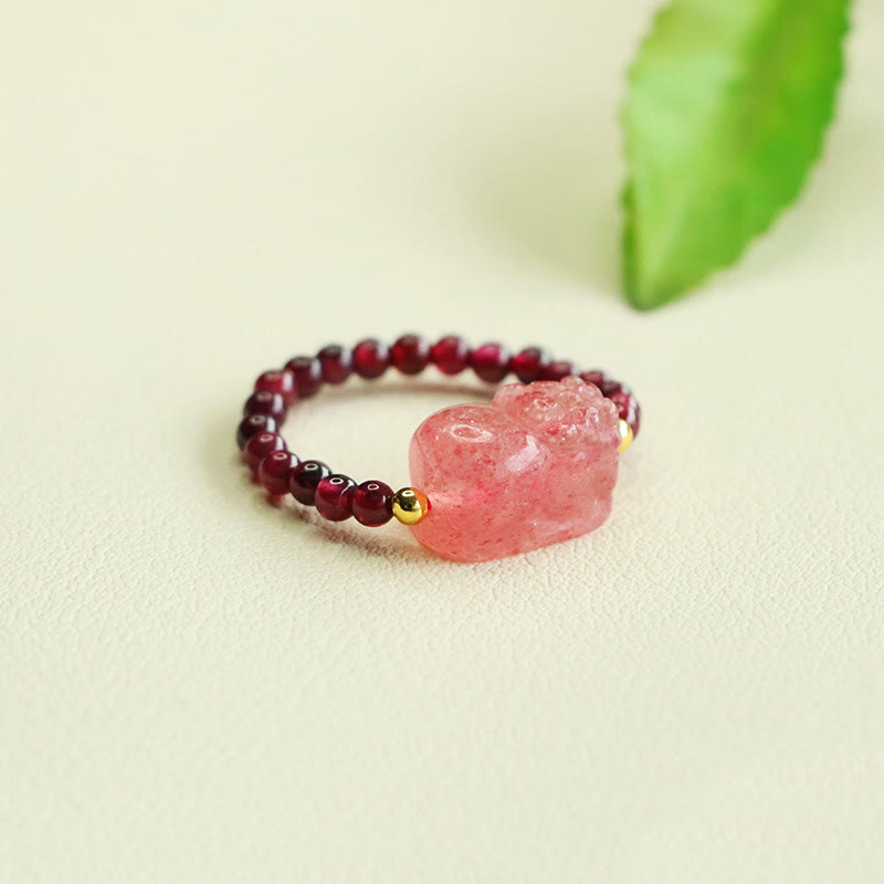 Garnet Strawberry Quartz Pixiu Ring – cream background green leaf strawberry quartz pixiu, good luck jewelry