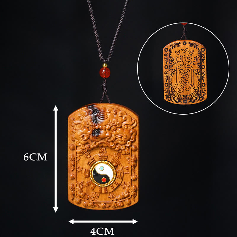 Lightning Jujube Wood Dragon Yin Yang Bagua Pendant – front and back view 6cm by 4cm size reference yin-yang, Detailed