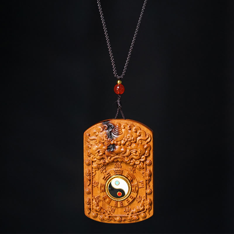 Lightning Jujube Wood Dragon Yin Yang Bagua Pendant – straight-on black bg dragon relief yin-yang silver chain, Powerful