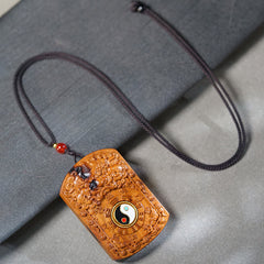 Lightning Jujube Wood Dragon Yin Yang Bagua Pendant – dragon yin-yang bagua trigram carving on gray fabric, Protective