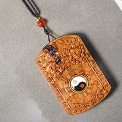 Lightning Jujube Wood Dragon Yin Yang Bagua Pendant – guardian beast relief yin-yang inlay gold bezel, Spiritual