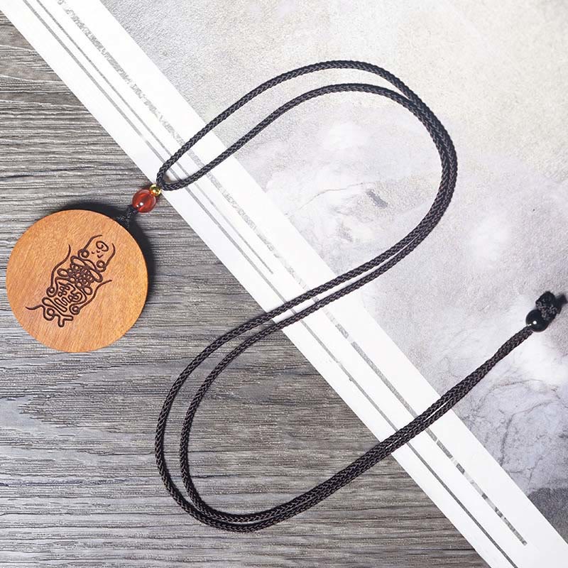 Jujube Wood Yin Yang Bagua Necklace – Engraved talisman wooden pendant with red bead on black cord, Taoist amulet necklace
