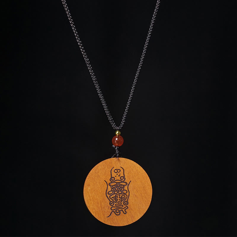 Jujube Wood Yin Yang Bagua Necklace – Carved seal script pendant with carnelian bead on black background, Chinese calligra...