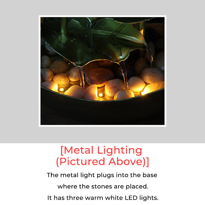 Lotus Leaf LED Waterfall Fountain - illuminated gold cascade on home wooden table, indoor water feature