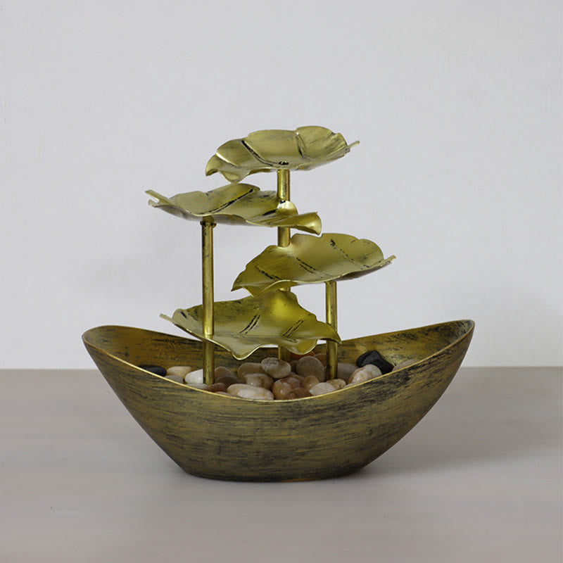 Lotus Leaf LED Waterfall Fountain - green-gold patina tiers with crystal top and lit base, unique fountain