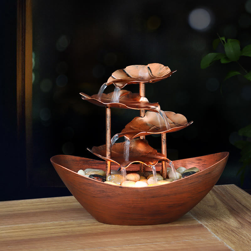 Lotus Leaf LED Waterfall Fountain - wood-grain basin with copper leaf tiers, wooden base fountain