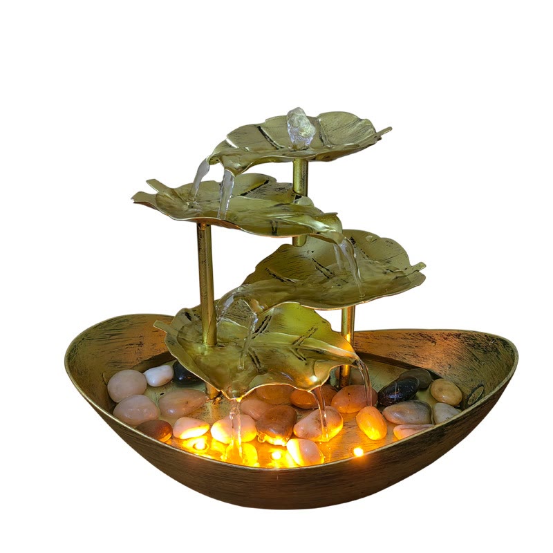 Lotus Leaf LED Waterfall Fountain - silver cascade with amber lit base and flowing streams, silver fountain