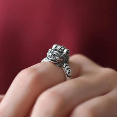 Copper Coin Pixiu Feng Shui Ring – finger side angle red background detailed pixiu carving, good fortune