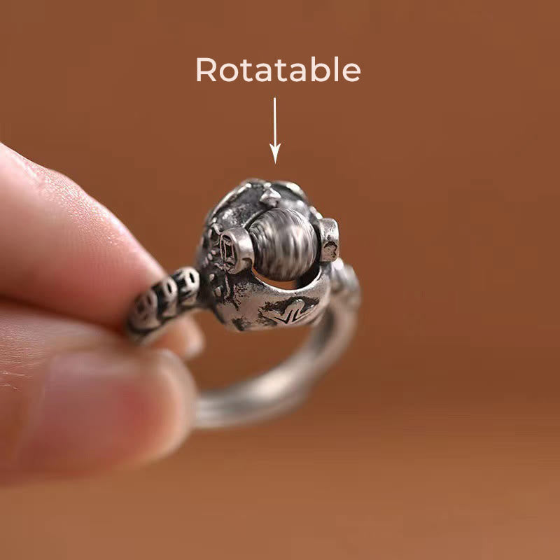Copper Coin Pixiu Feng Shui Ring – rotatable feature demonstration with text label, spinning pixiu bead
