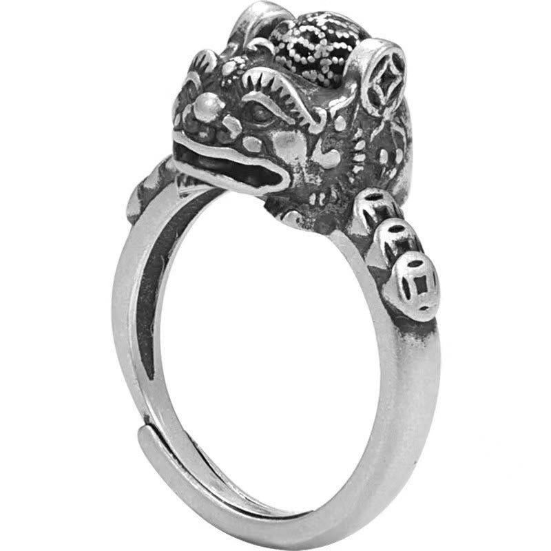 Copper Coin Pixiu Feng Shui Ring – product shot white background silver pixiu coin ring, adjustable band
