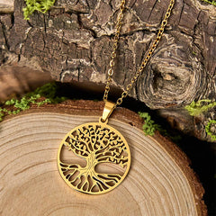 Tree of Life Titanium Steel Necklace – gold pendant on tree cross-section with bark, three-quarter view