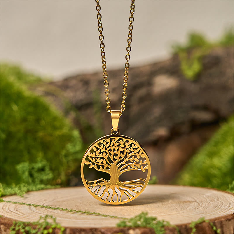 Tree of Life Titanium Steel Necklace – gold-tone pendant on wood slice with moss, nature spiritual jewelry