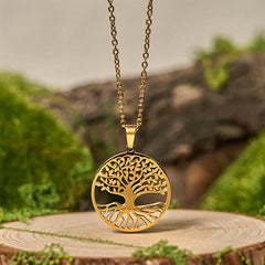 Tree of Life Titanium Steel Necklace – gold-tone pendant on wood slice with moss, nature spiritual jewelry