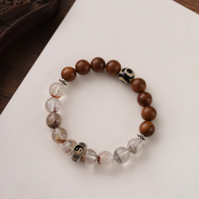 Lightning Struck Wood Red Phantom Bracelet – circular layout on cream fabric, alternating brown wood and clear phantom qua...