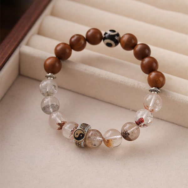 Lightning Struck Wood Red Phantom Bracelet – bracelet displayed in velvet jewelry box, mixed wood and crystal beads with y...