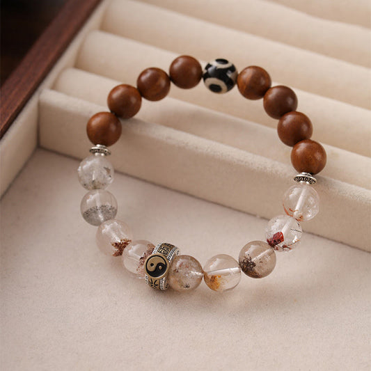 Lightning Struck Wood Red Phantom Bracelet – bracelet displayed in velvet jewelry box, mixed wood and crystal beads with y...