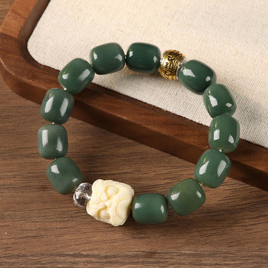 Bodhi Seed Lion Head Om Mani Padme Hum Bracelet - green bodhi beads with carved lion head, prayer bead bracelet