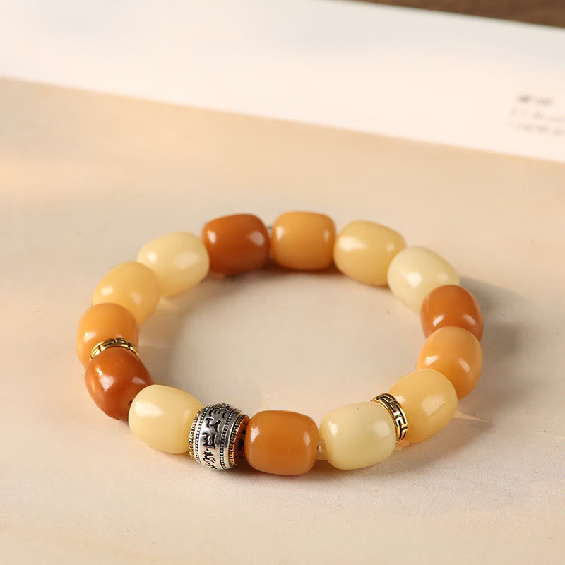 Bodhi Seed Lion Head Om Mani Padme Hum Bracelet - warm ombre bodhi seed beads with gold accents, mala bracelet
