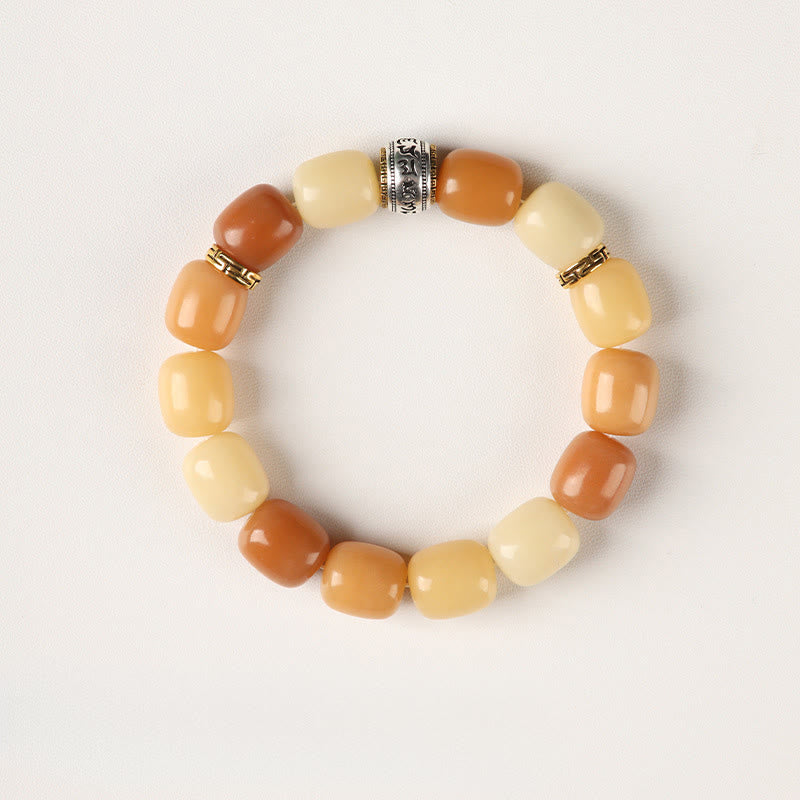 Bodhi Seed Lion Head Om Mani Padme Hum Bracelet - overhead view of earth tone bodhi beads, peaceful wrist mala