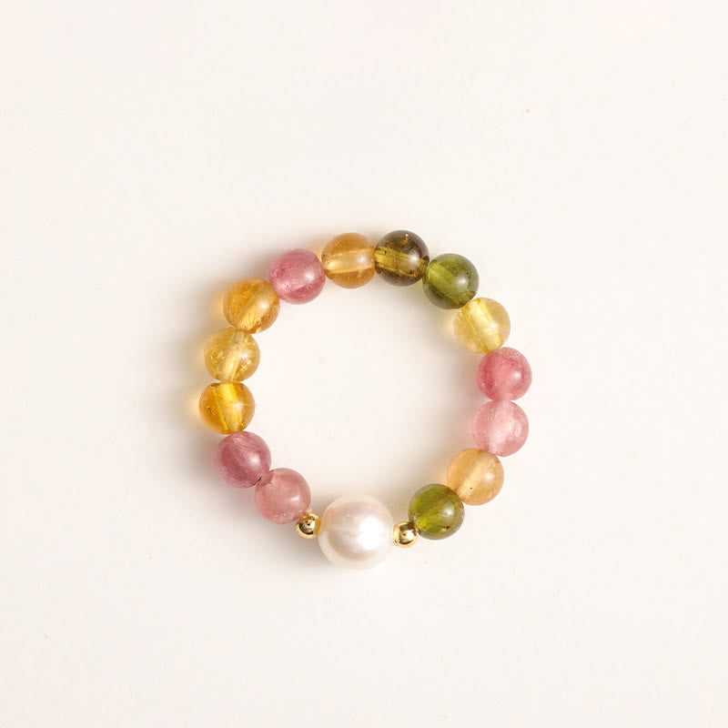 Tourmaline Pearl Amber Pixiu Ring – top view colorful tourmaline beads pearl center white background, feng shui jewelry