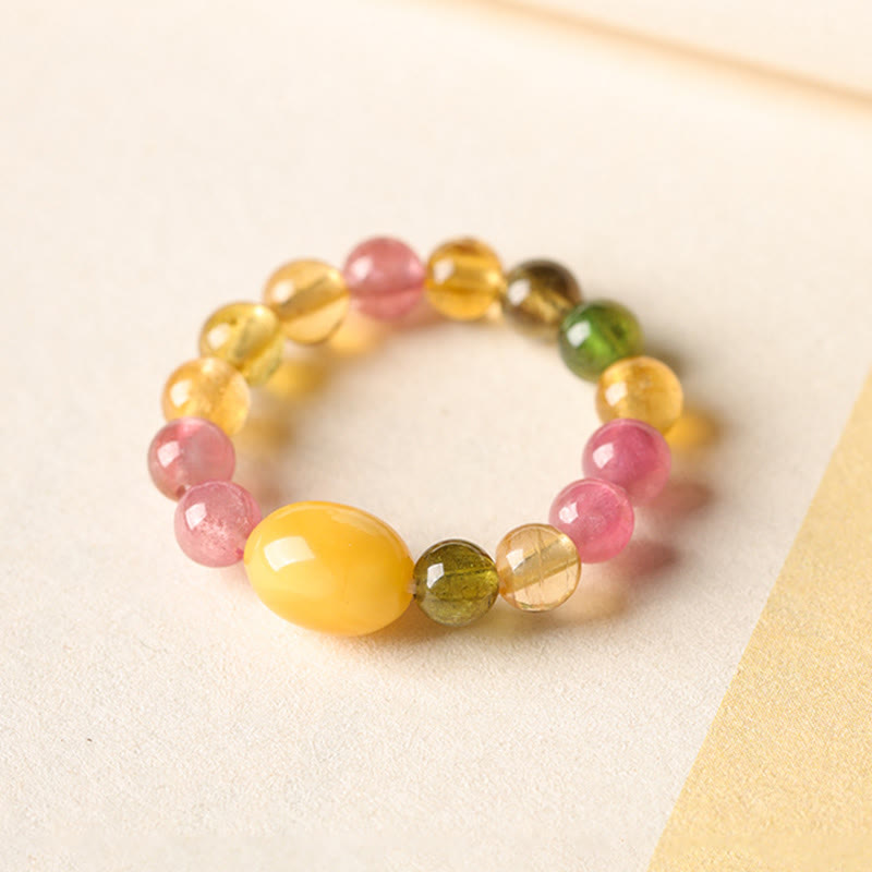 Tourmaline Pearl Amber Pixiu Ring – amber bead side angle white fabric tourmaline, crystal healing jewelry