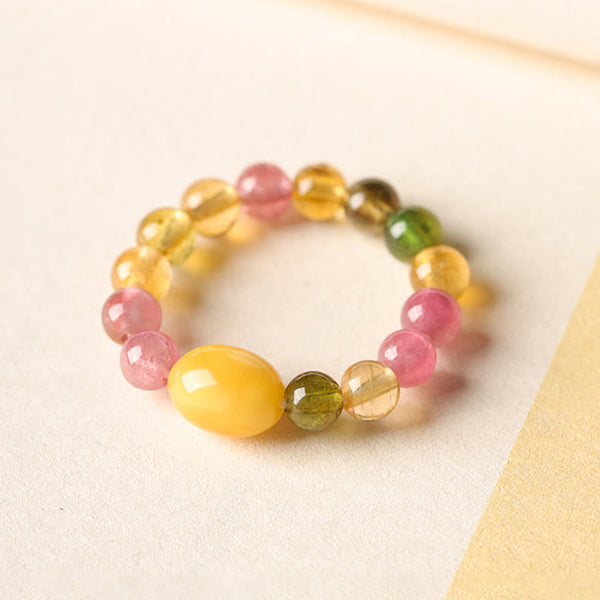 Tourmaline Pearl Amber Pixiu Ring – amber bead side angle white fabric tourmaline, crystal healing jewelry