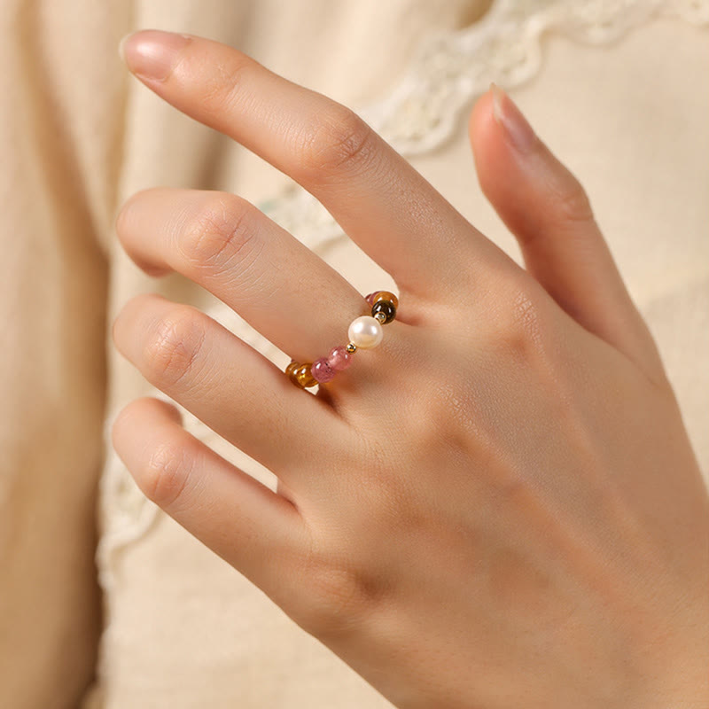 Tourmaline Pearl Amber Pixiu Ring – worn on finger lace dress background, love luck crystal jewelry