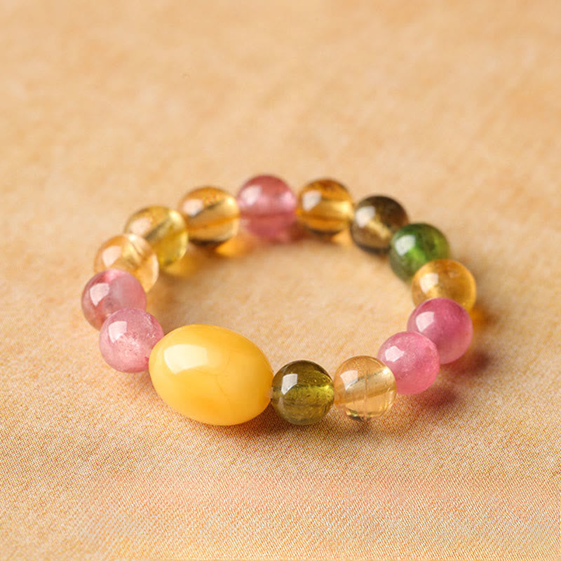 Tourmaline Pearl Amber Pixiu Ring – golden fabric background amber tourmaline beads, love energy ring