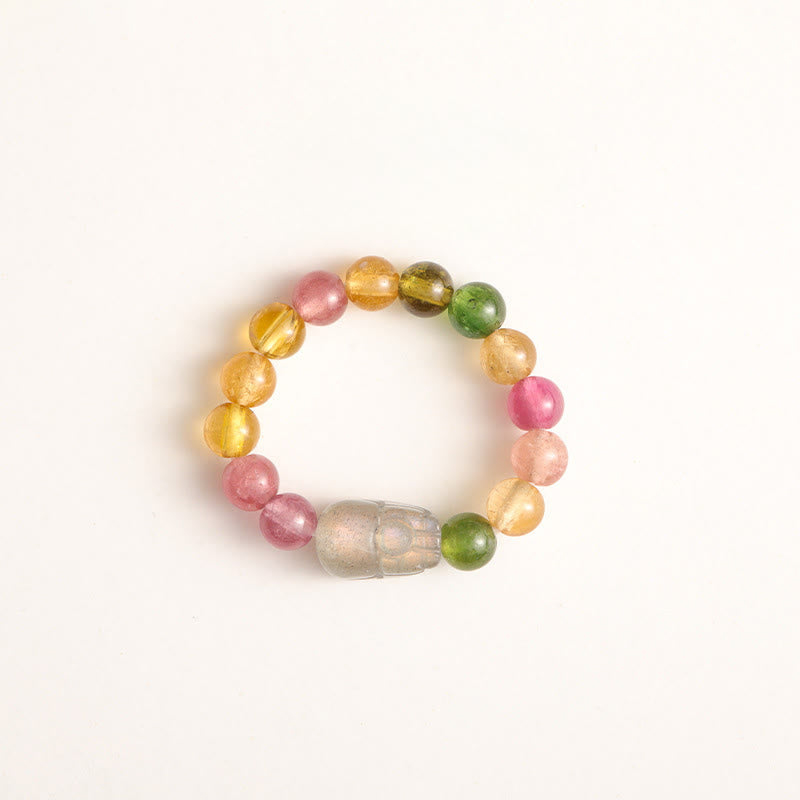 Tourmaline Pearl Amber Pixiu Ring – clear quartz pixiu centerpiece top view white, wealth talisman ring