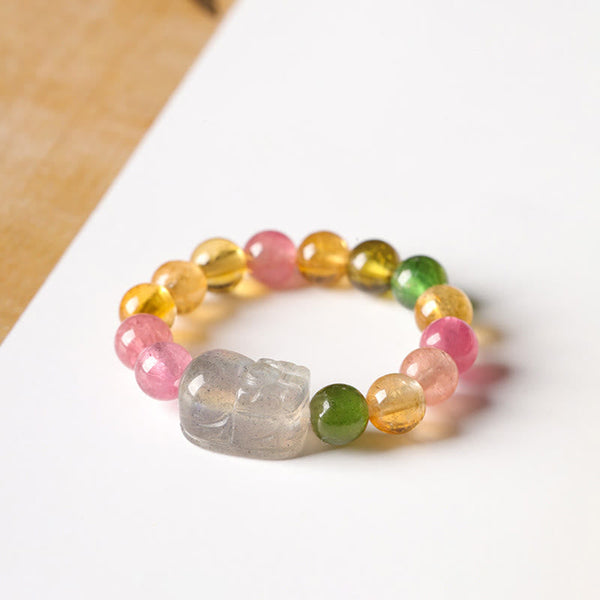 Tourmaline Pearl Amber Pixiu Ring – carved pixiu detail side angle colorful beads, protection crystal ring