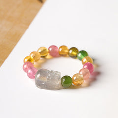 Tourmaline Pearl Amber Pixiu Ring – carved pixiu detail side angle colorful beads, protection crystal ring