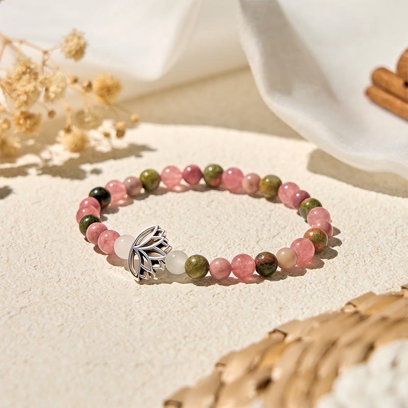 Handmade lotus charm bracelet with strawberry quartz and unakite beads, boho gemstone jewelry